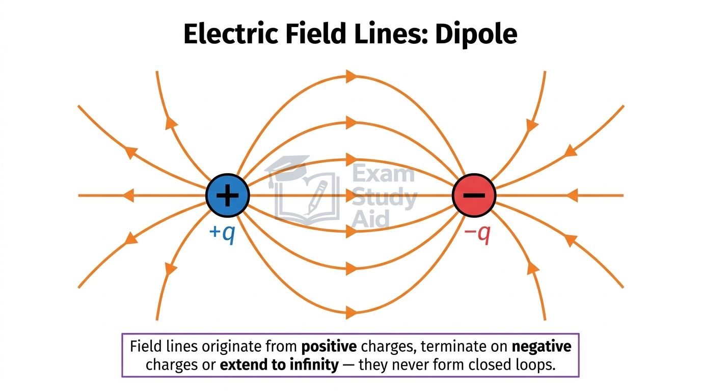 Electric field line diagram of a dipole, with curved lines originating on the positive charge and terminating on the negative charge, never crossing.