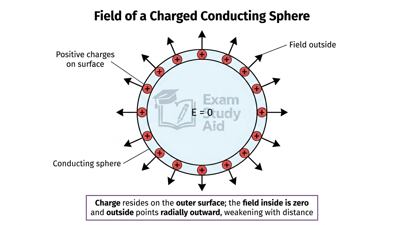 Charged conducting sphere with positive charge on the outer surface, zero field inside, and field lines pointing radially outward from the surface.