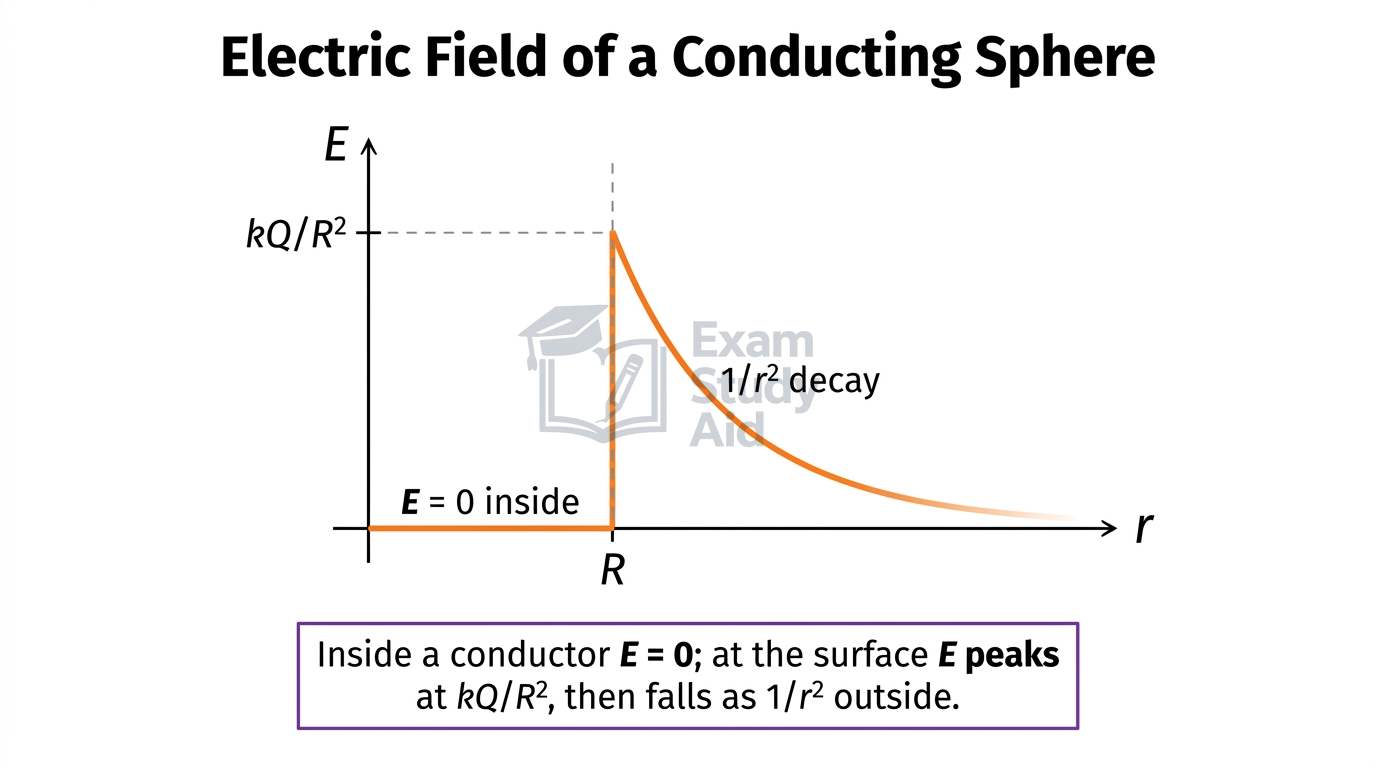 Graph of electric field versus distance for a conducting sphere: zero inside, jumping to a peak kQ over R-squared at radius R, then decaying as 1/r-squared.