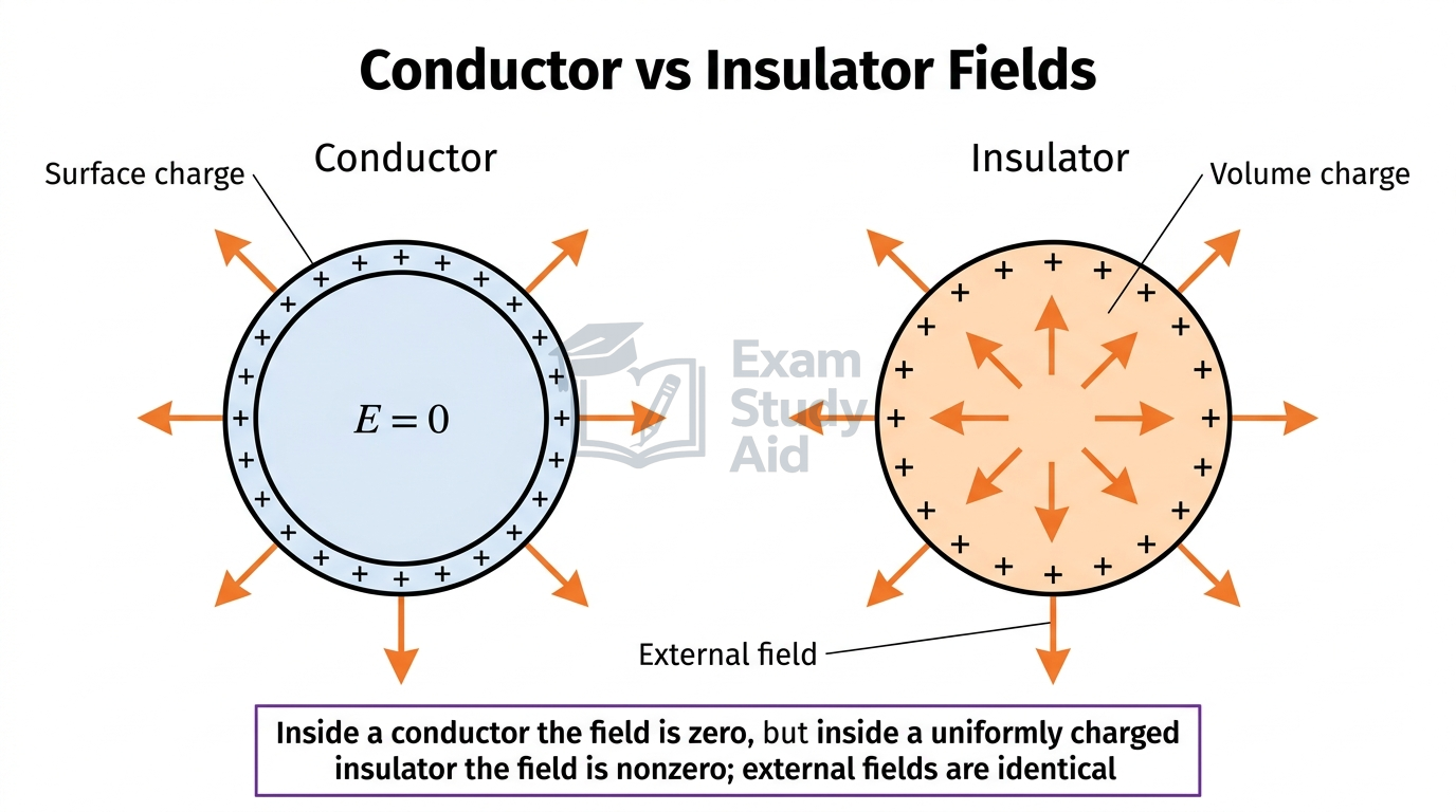 Comparison of a conductor with zero interior field and surface charge versus a uniformly charged insulator with volume charge and a nonzero interior field.