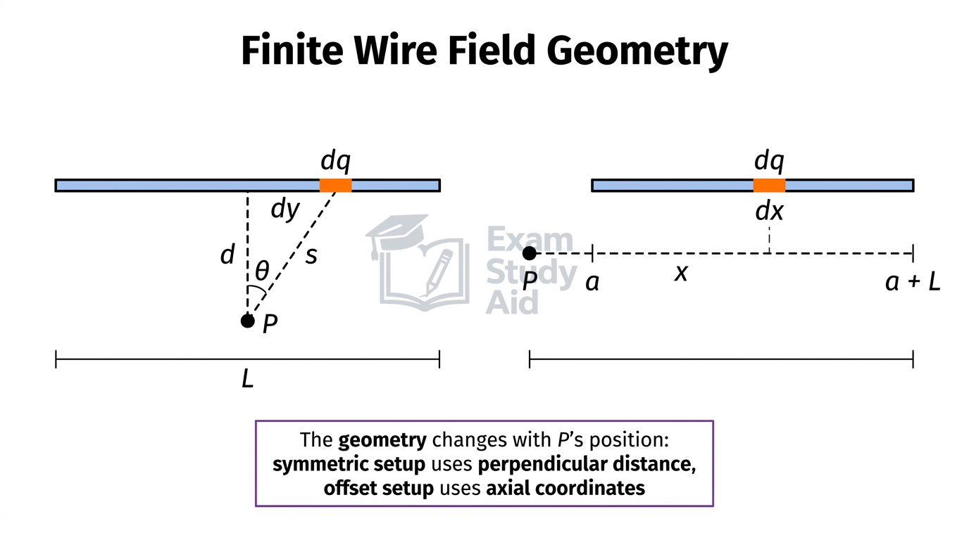 Finite wire field geometry showing two cases: field point on the perpendicular bisector using distance d, and a collinear point using axial coordinates a and a+L.