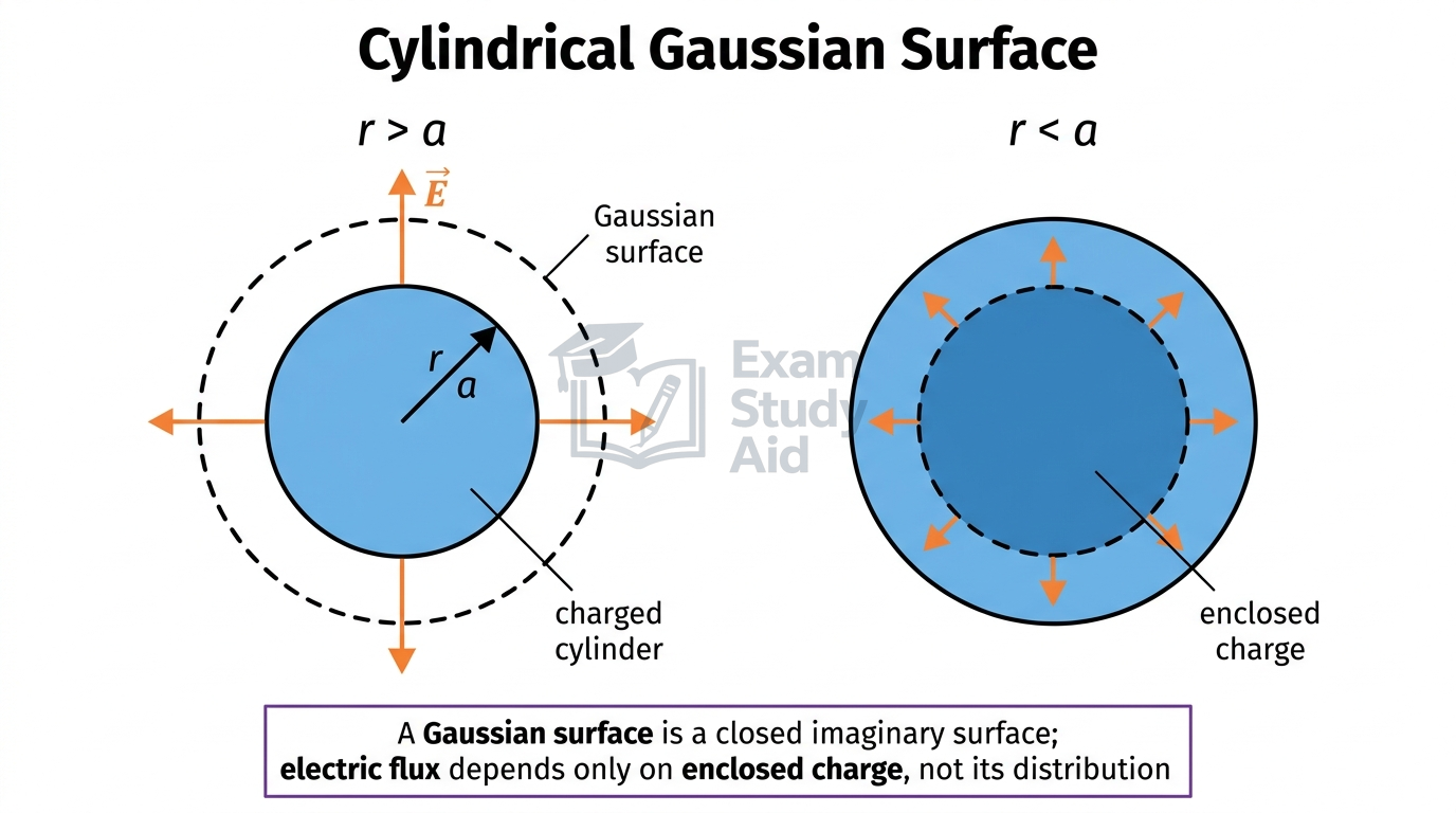 Note: this is a duplicate of the semicircular arc diagram; actual image shows the cylindrical Gaussian surface for r greater than a and r less than a enclosing charge.