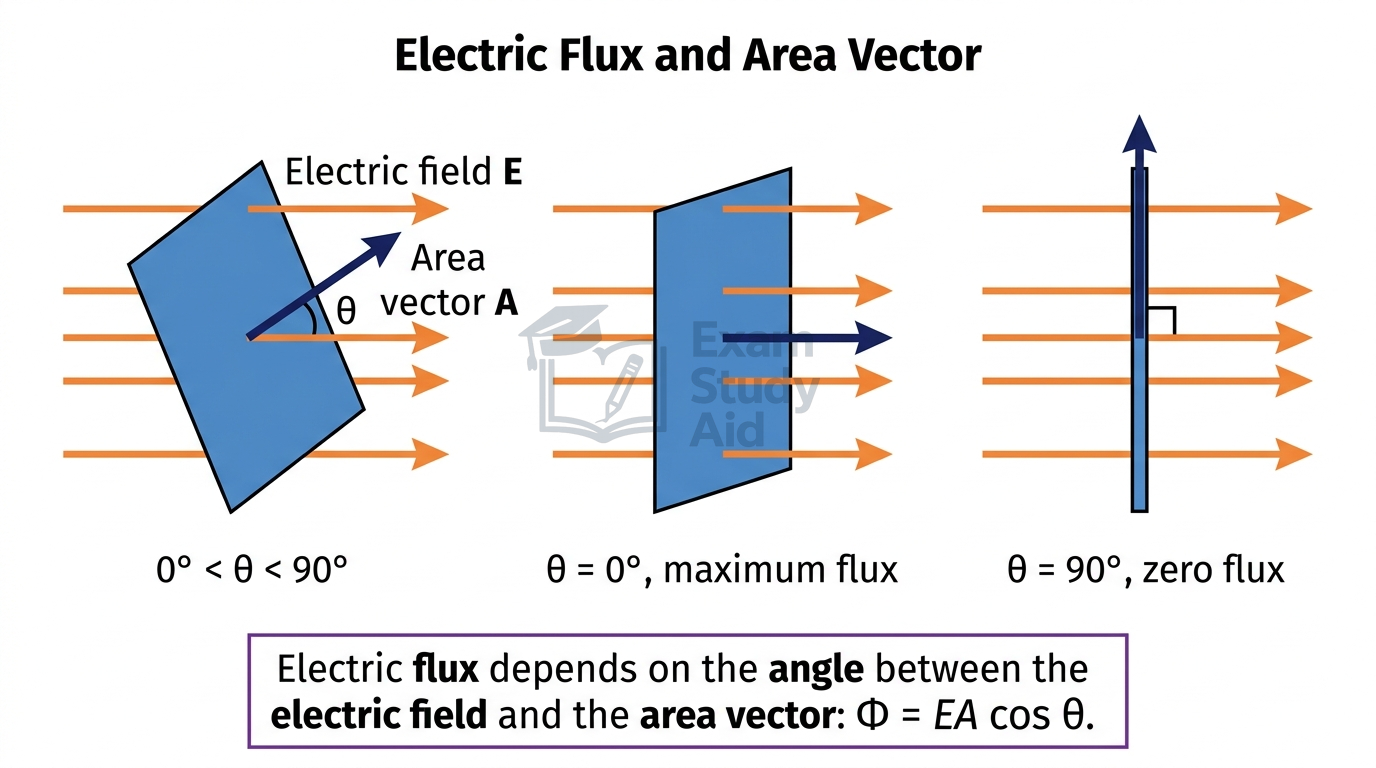 Electric flux and area vector: a tilted surface, a head-on surface with maximum flux, and an edge-on surface with zero flux, with theta between E and A.