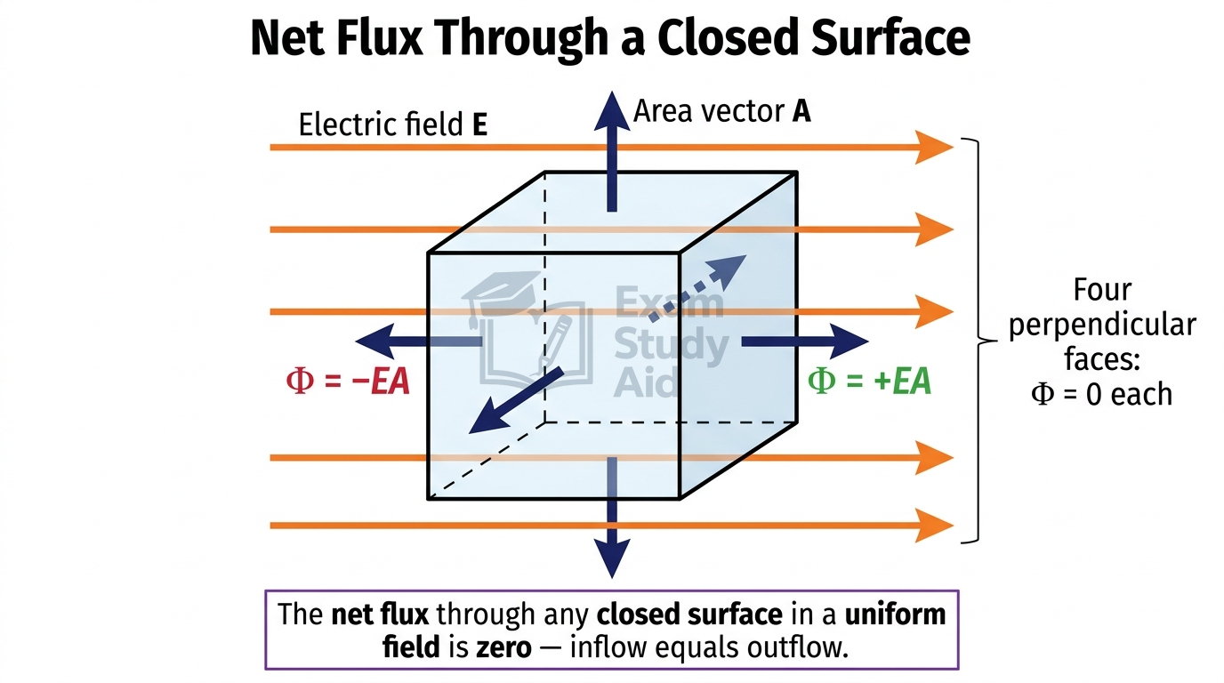 Cube in a uniform field showing plus EA flux out one face, minus EA into the opposite face, and zero through four perpendicular faces, giving zero net flux.