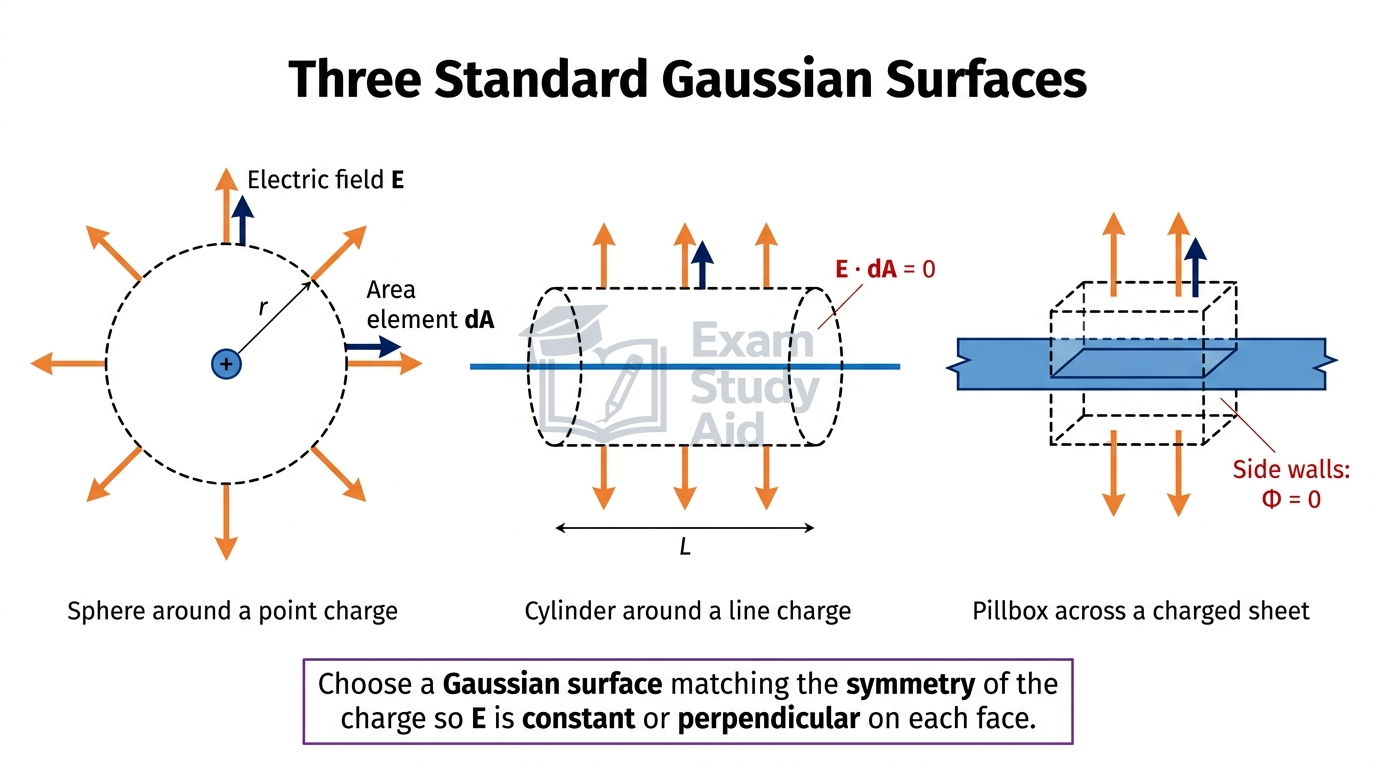 Three standard Gaussian surfaces: a sphere around a point charge, a cylinder around a line charge, and a pillbox across a charged sheet.