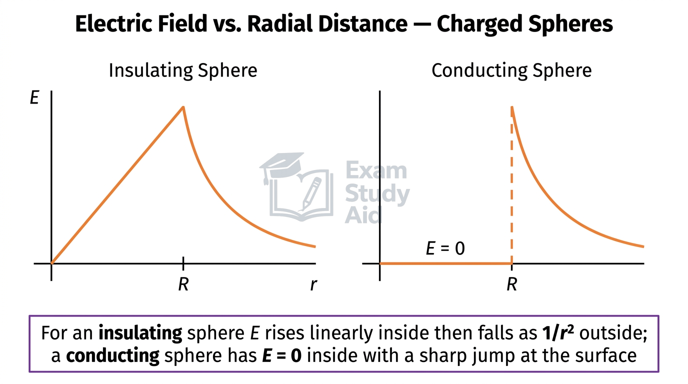 Two graphs of electric field E versus radial distance r: insulating sphere rises linearly then falls as one over r squared; conducting sphere is zero inside then jumps at R.