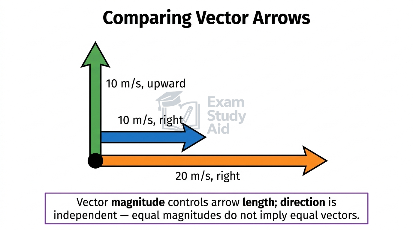 Three vector arrows comparing magnitude and direction: 10 metres per second upward, 10 metres per second right, and a longer 20 metres per second right.