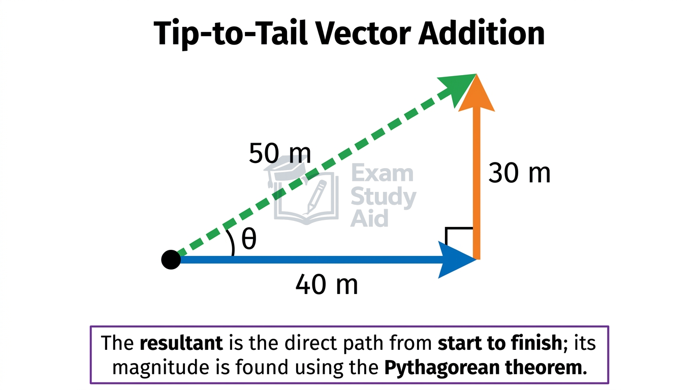 Right triangle showing tip-to-tail vector addition of 40 metres east and 30 metres up giving a 50 metre resultant at angle theta via the Pythagorean theorem.