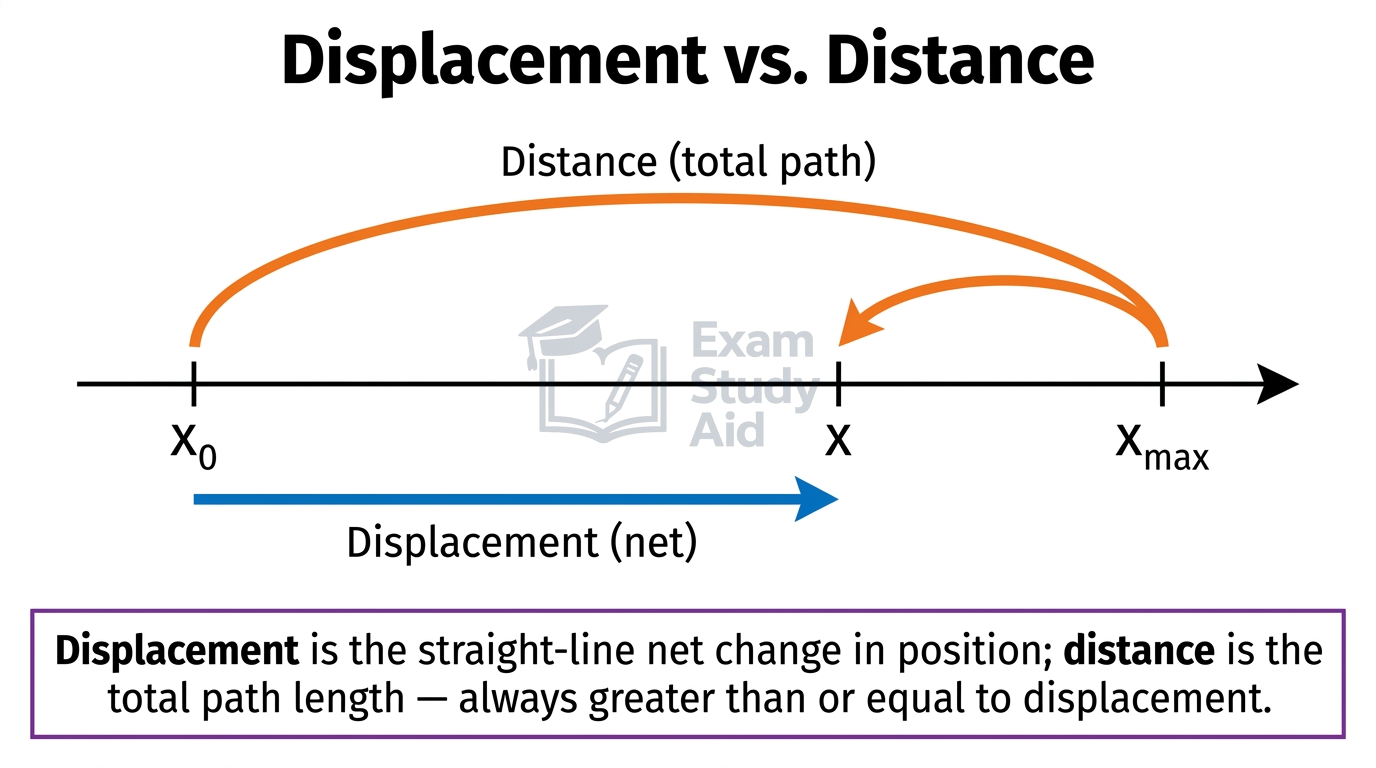 Number line contrasting displacement, the straight blue net change from x0 to x, with distance, the longer orange path out to x-max and back.