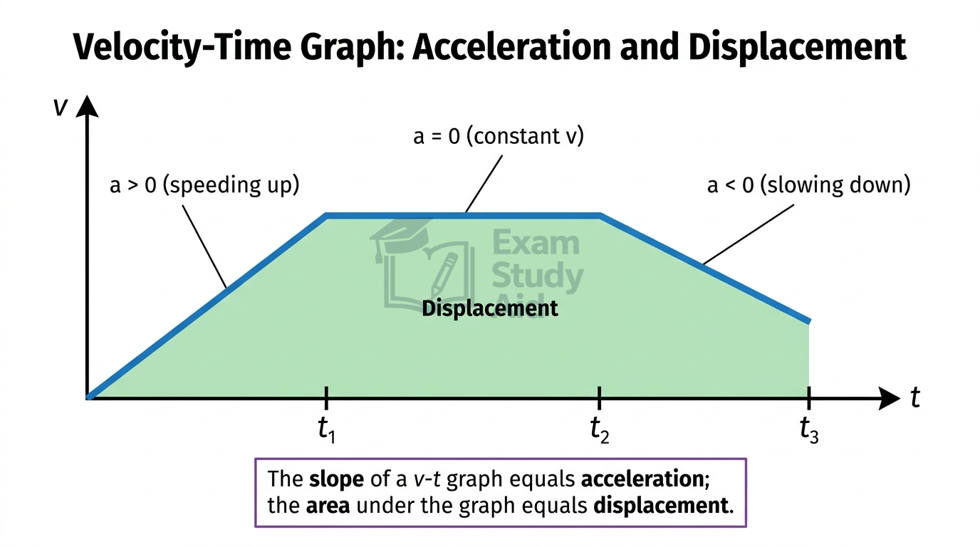 Velocity-time graph with a trapezoidal shaded area representing displacement, showing speeding up, constant velocity, then slowing down regions.
