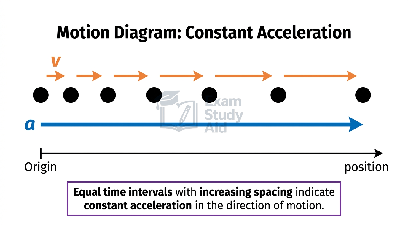 Motion diagram of dots with equal time intervals but increasing spacing and lengthening velocity arrows, indicating constant acceleration along the motion.