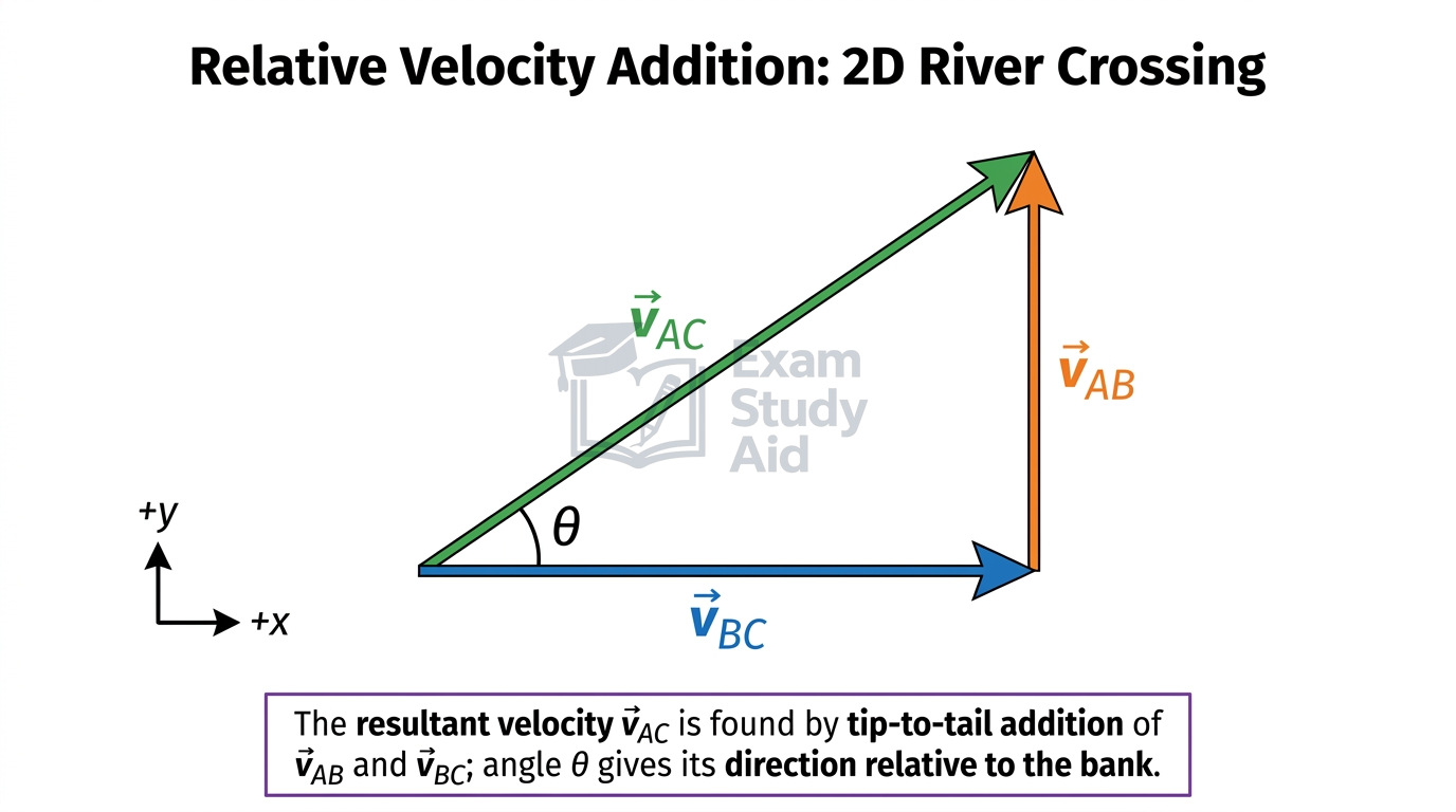 Vector triangle for a 2D river crossing adding boat velocity vAB and current vBC tip-to-tail to give resultant vAC at angle theta to the bank.