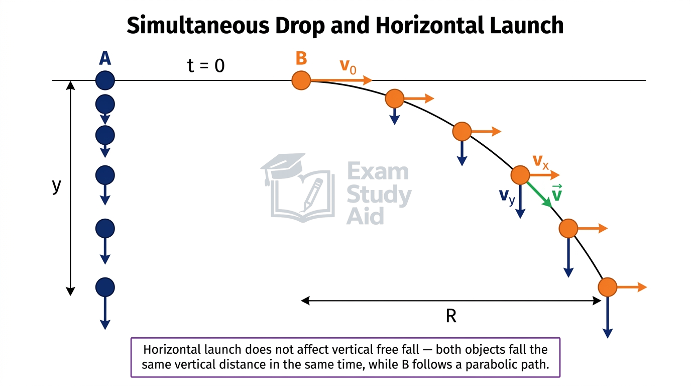 Comparison of a dropped object A and horizontally launched object B falling the same vertical distance y in equal times, B tracing a parabola.