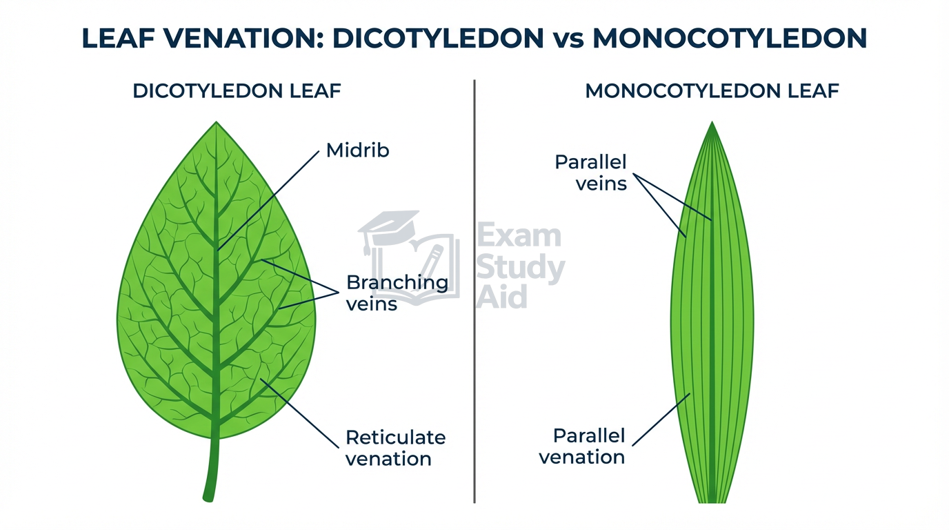 Leaf venation comparison showing a dicotyledon leaf with branching reticulate veins and midrib beside a monocotyledon leaf with parallel veins.