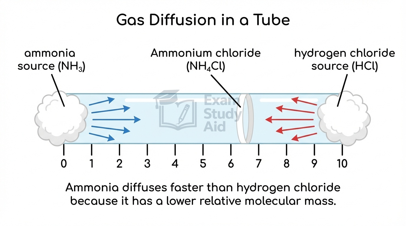 Glass tube gas diffusion experiment where ammonia diffuses further than hydrogen chloride, forming the white ammonium chloride ring nearer the HCl end.