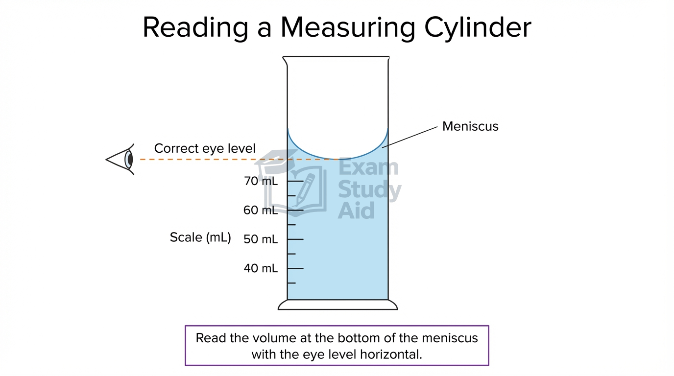 Diagram of reading a measuring cylinder, with the eye level horizontal at the bottom of the curved meniscus against the scale marked in millilitres.