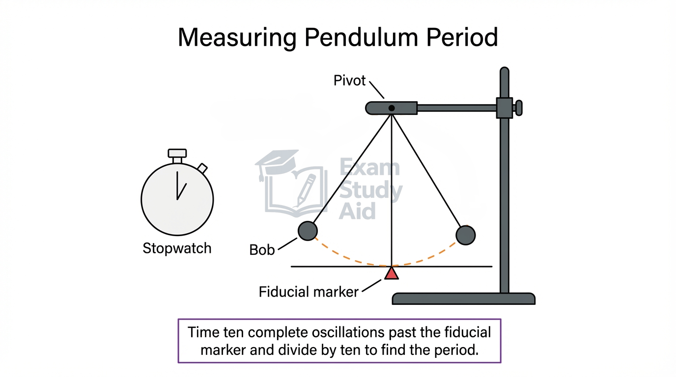 Pendulum on a clamp stand swinging over a fiducial marker with a stopwatch, timing ten complete oscillations and dividing by ten to find the period.