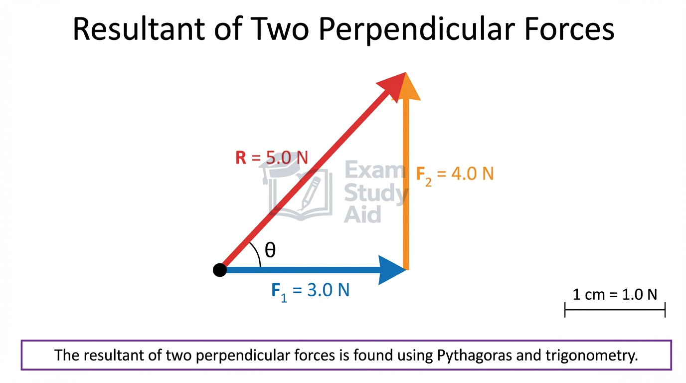 Vector triangle showing a 3.0 N horizontal and 4.0 N vertical force giving a 5.0 N resultant along the hypotenuse at angle theta, with a scale bar.