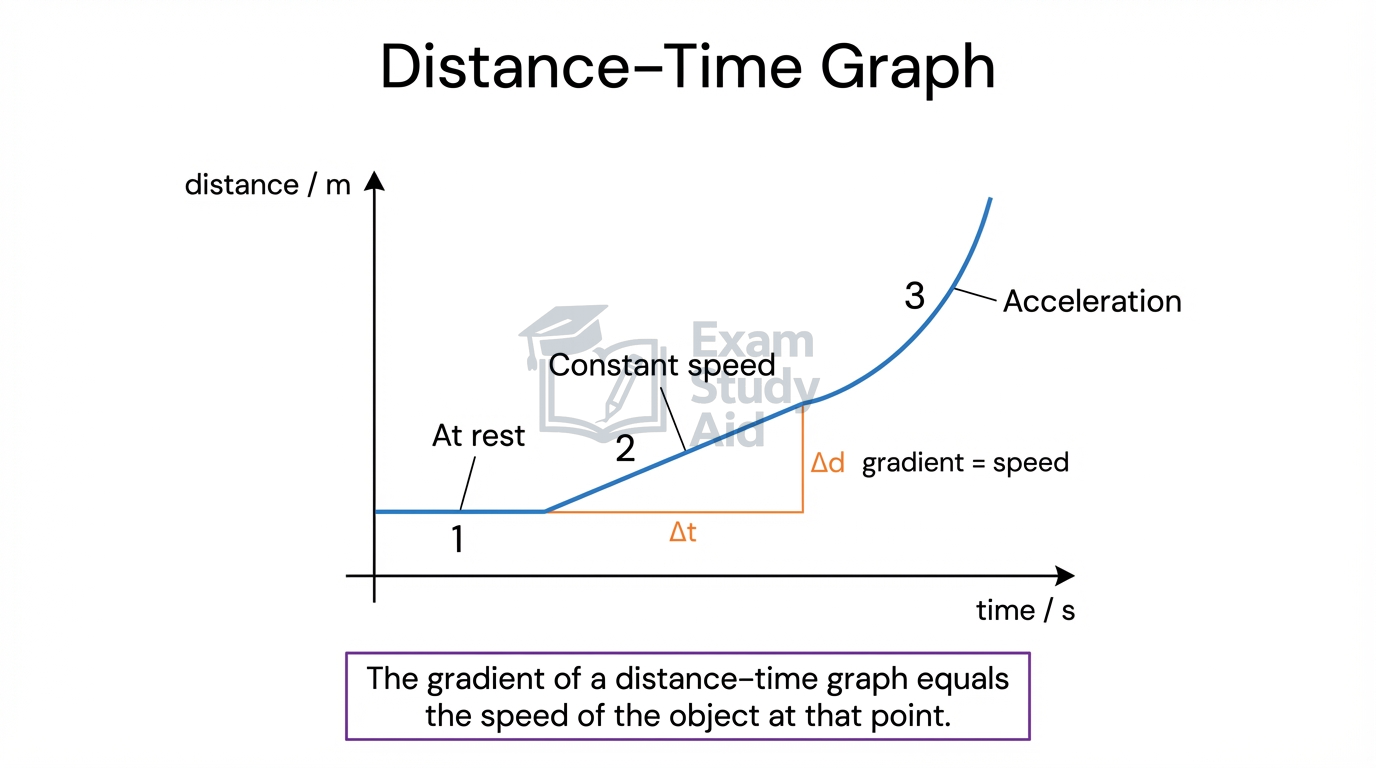 Distance-time graph with three sections: a flat line at rest, a straight slope for constant speed, and an upward curve for acceleration, gradient equalling speed.