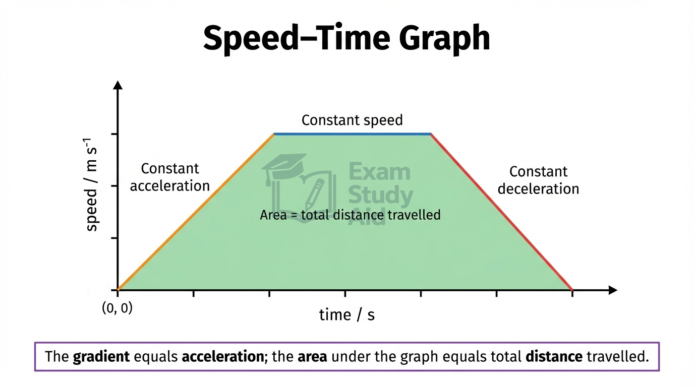 Trapezium-shaped speed-time graph with constant-acceleration, constant-speed and constant-deceleration sections, where the shaded area equals total distance travelled.