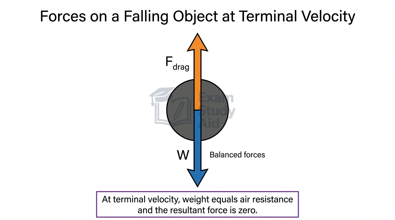 Free-body diagram of a falling object at terminal velocity, with equal-length upward drag force and downward weight arrows showing balanced forces.