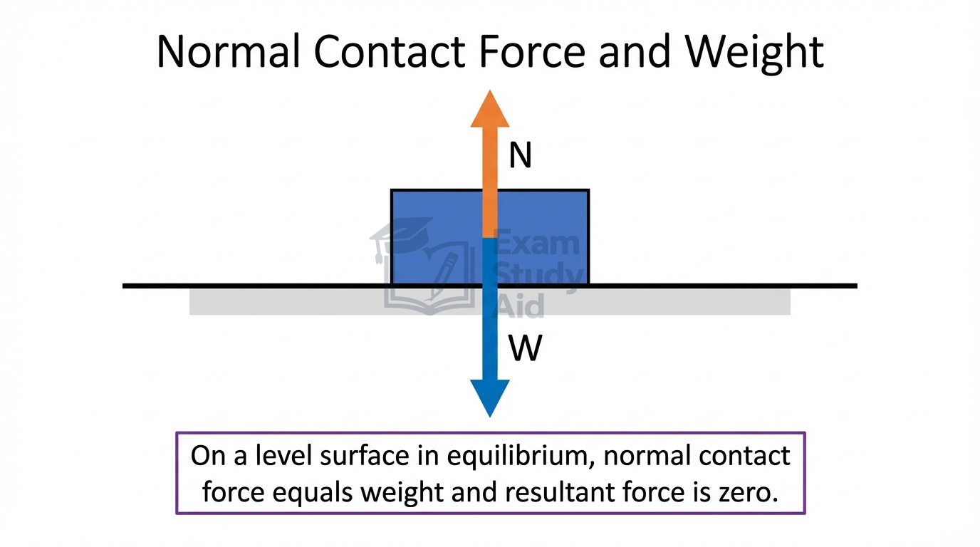 Free-body diagram of a block resting on a level surface, with an upward normal contact force N equal to the downward weight W giving zero resultant.