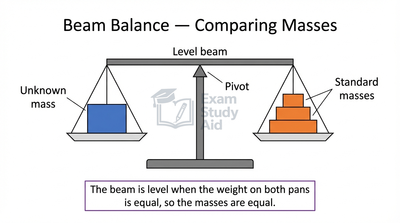 Two-pan beam balance comparing an unknown mass against stacked standard masses, the beam level over the pivot showing the masses are equal.
