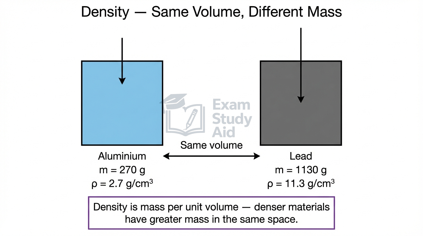Two equal-volume cubes of aluminium and lead with different masses, illustrating that density is mass per unit volume and denser materials pack more mass.