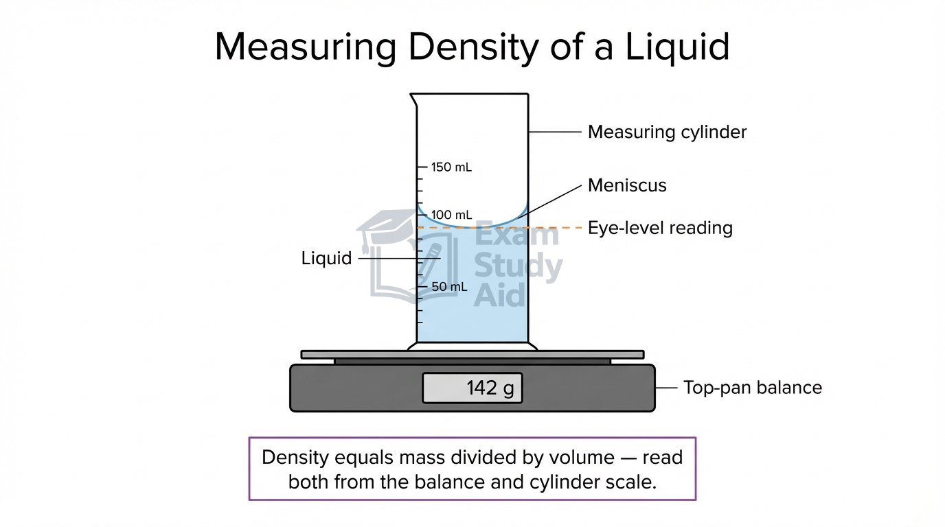 Measuring the density of a liquid using a measuring cylinder read at the meniscus on a top-pan balance showing 142 g, combining mass and volume.