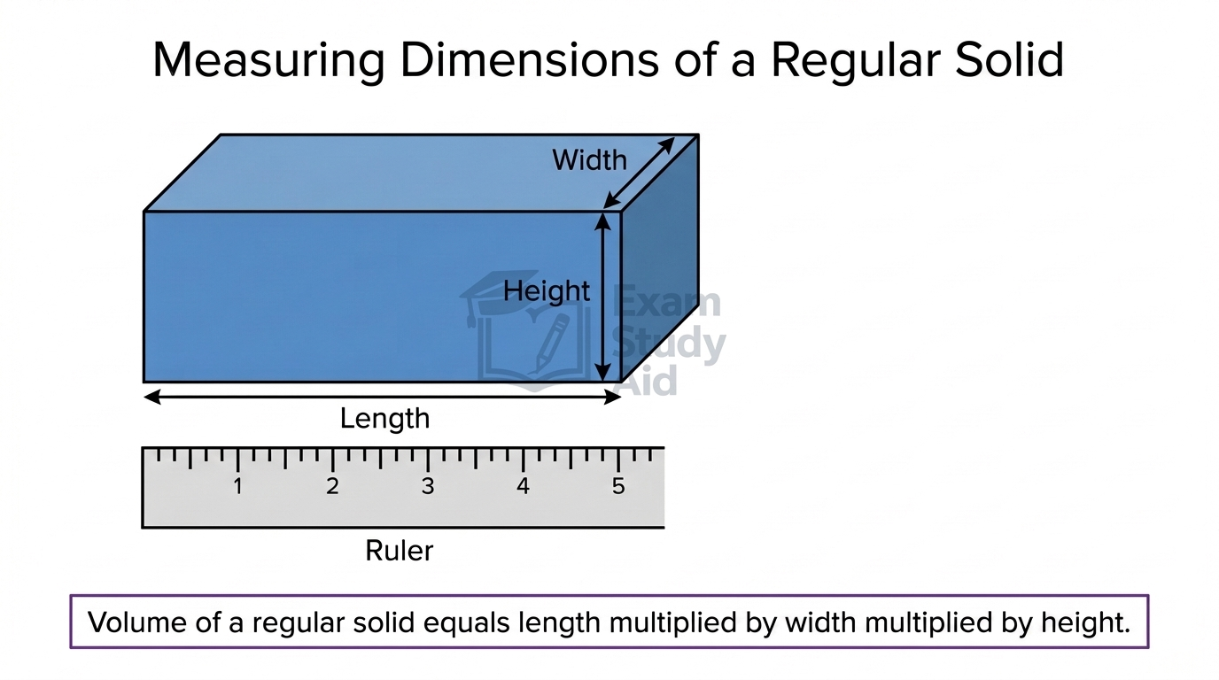 Rectangular block with length, width and height labelled beside a ruler, showing volume of a regular solid equals length times width times height.