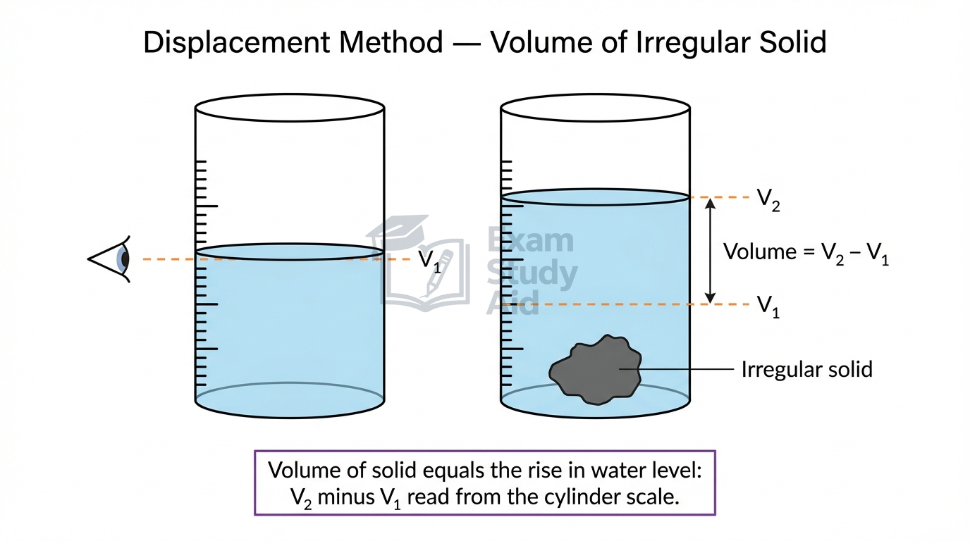 Displacement method for an irregular solid, with two beakers where the water rise from V1 to V2 gives the volume of the submerged object.