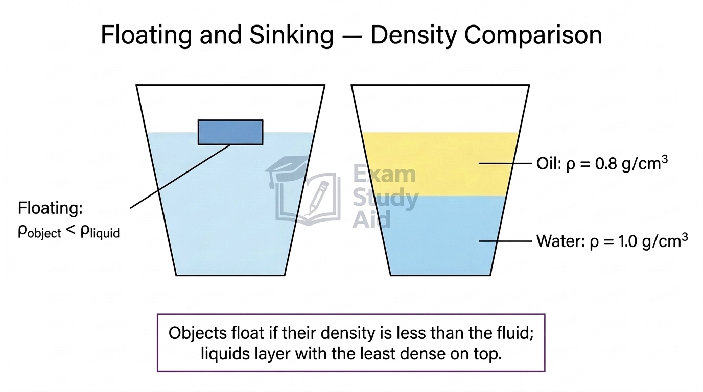Container of layered oil floating on denser water with densities labelled, showing an object floats when its density is less than the fluid's.