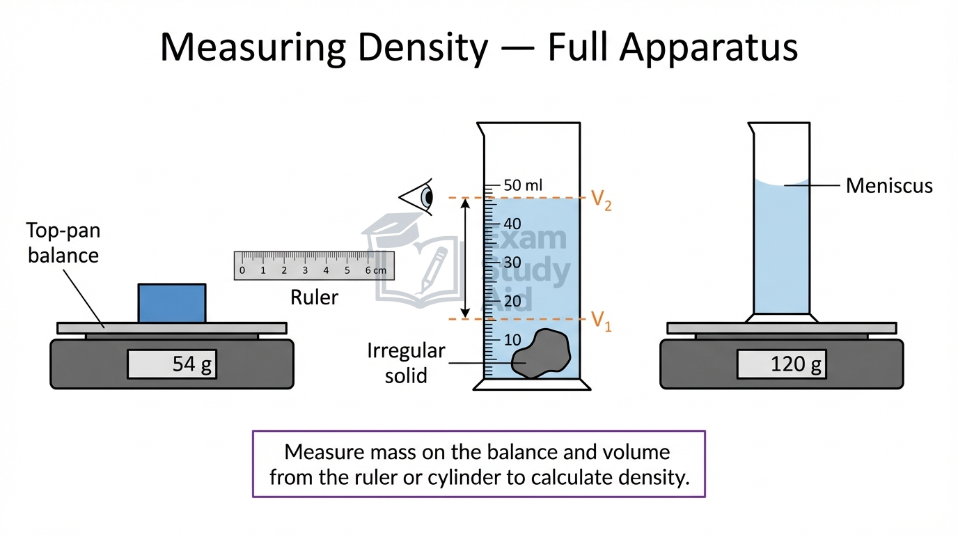 Full density apparatus: a top-pan balance reading 54 g, a ruler, and an irregular solid displacing water in a measuring cylinder from V1 to V2.