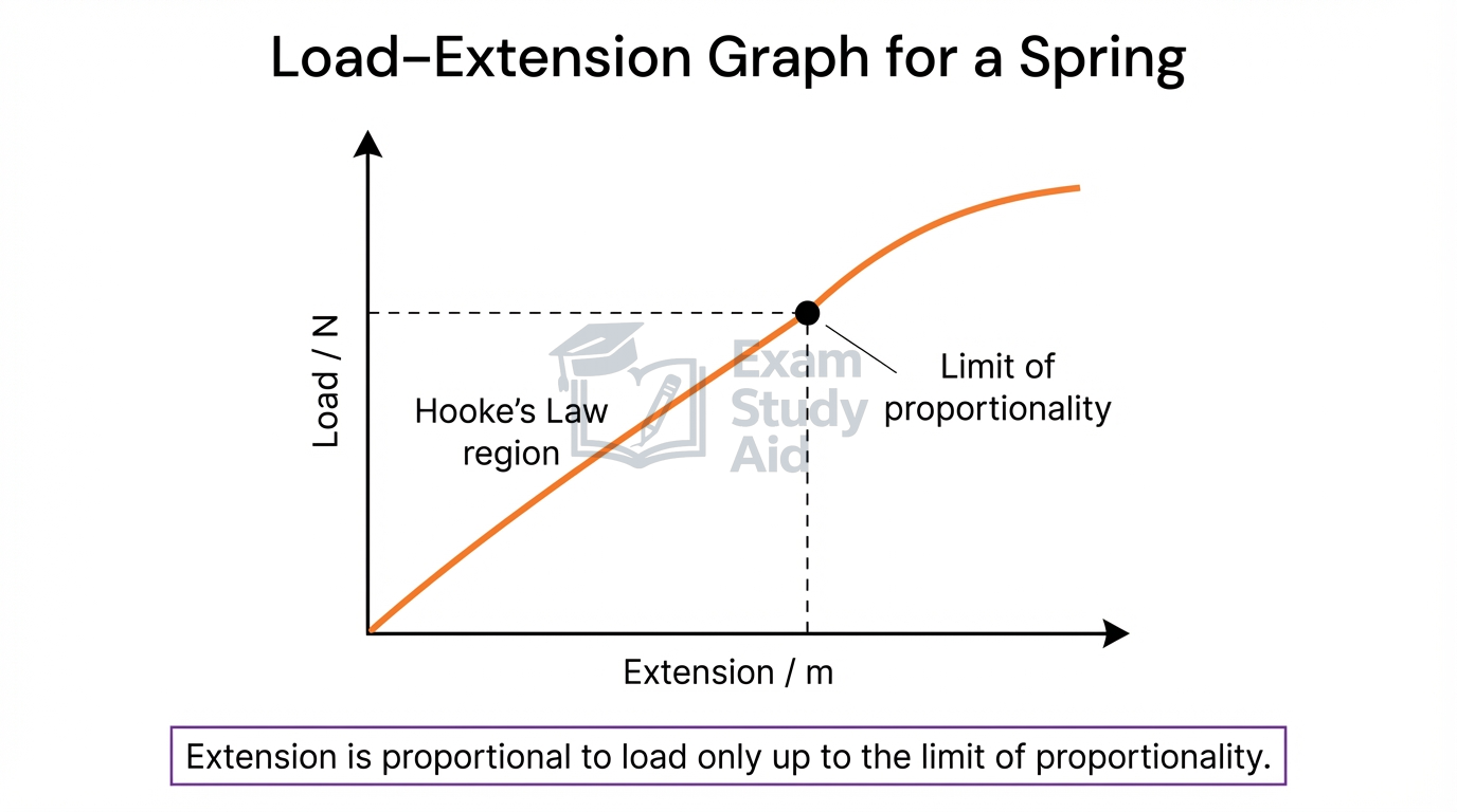 Load-extension graph for a spring, linear through the origin in the Hooke's Law region then curving beyond the marked limit of proportionality.