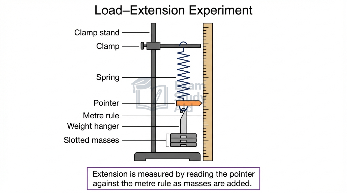 Load-extension apparatus: a spring hung from a clamp stand with a pointer against a metre rule and slotted masses on a weight hanger to measure extension.