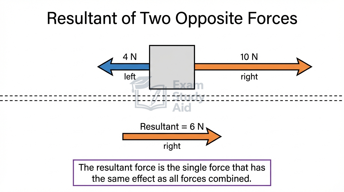 Diagram of a block with a 4 N leftward and 10 N rightward force, giving a resultant force of 6 N acting to the right.