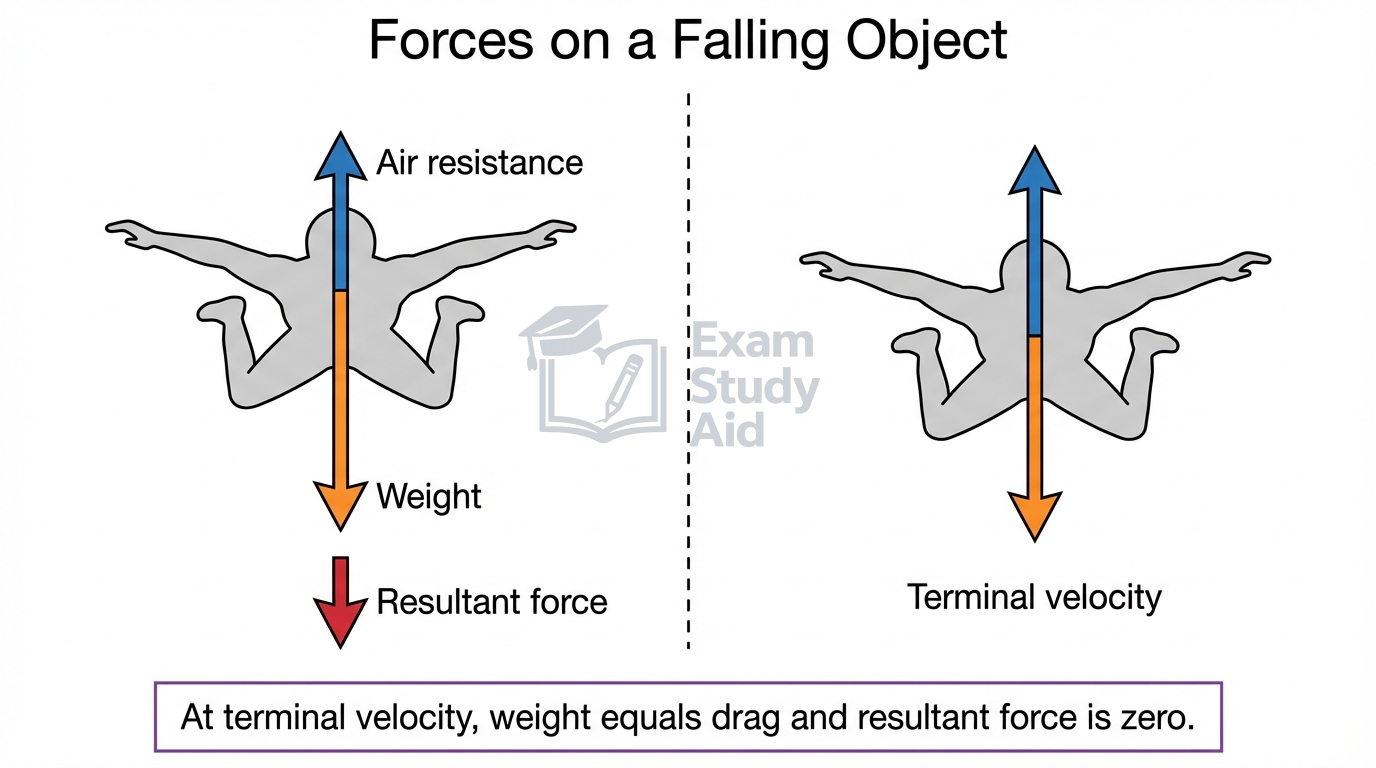 Two skydiver diagrams: falling with a large resultant downward force, then at terminal velocity with equal-length air resistance and weight arrows balanced.