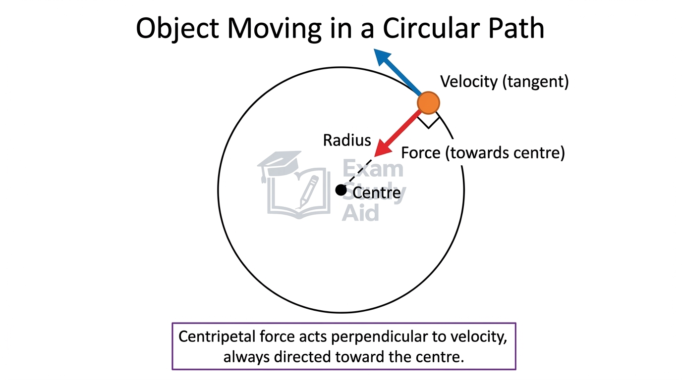Object moving in a circle with velocity drawn tangent to the path and the centripetal force arrow pointing along the radius towards the centre.