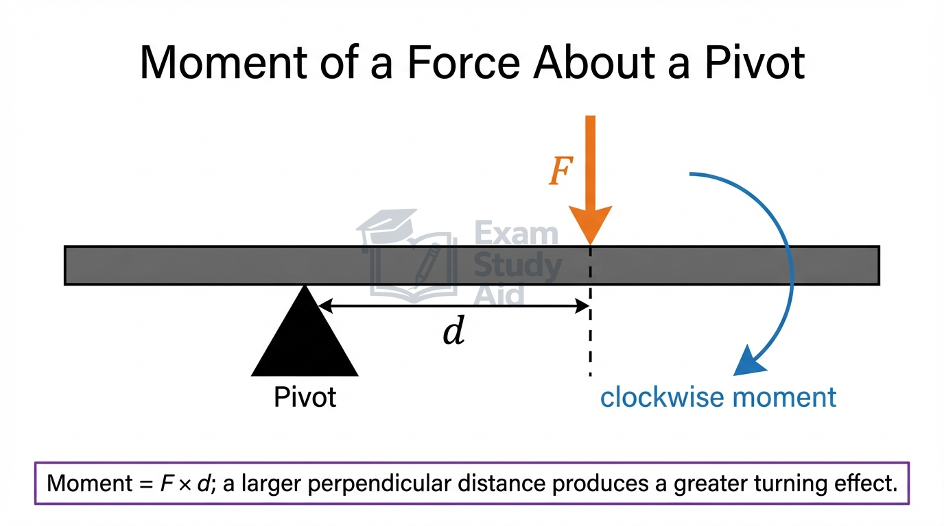 A beam on a triangular pivot with a downward force F at perpendicular distance d, producing a clockwise moment equal to force times distance.