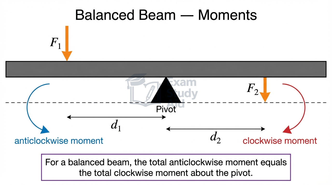 Balanced beam on a central pivot with force F1 at distance d1 giving an anticlockwise moment and F2 at d2 giving an equal clockwise moment.