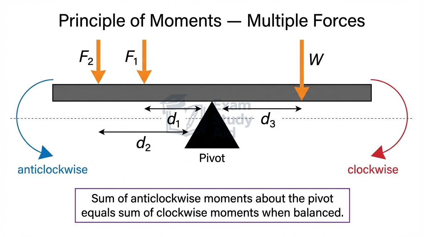 Balanced beam with two downward forces on the left and weight W on the right, illustrating summed anticlockwise moments equalling the clockwise moment.