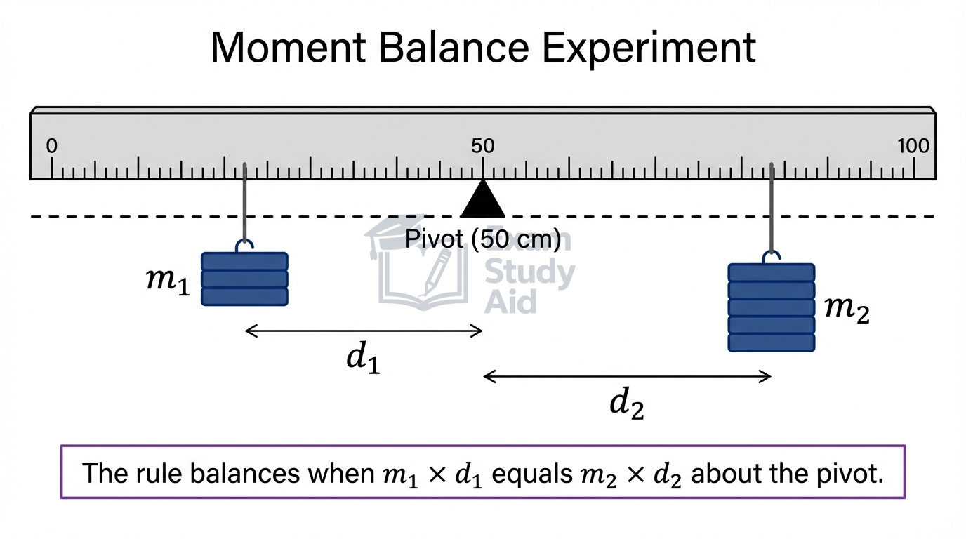 Moment balance experiment: a metre rule pivoted at the 50 cm mark with masses m1 at distance d1 and m2 at d2 balancing when the moments are equal.