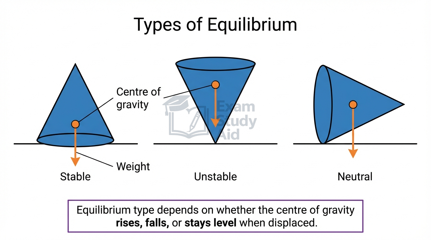 Three cones illustrating stable, unstable and neutral equilibrium, based on whether the centre of gravity rises, falls or stays level when displaced.
