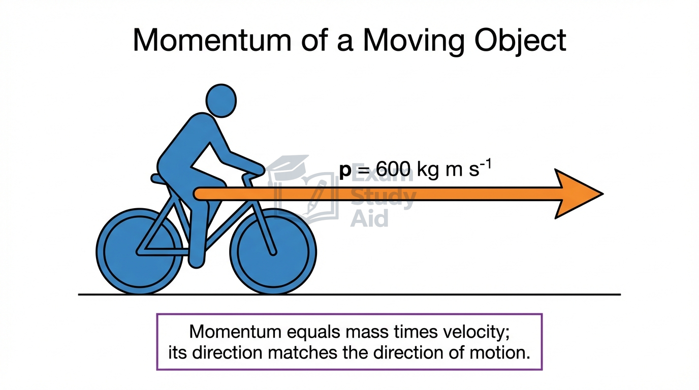 A cyclist moving right with a momentum arrow labelled p equals 600 kg m per second, showing momentum acts in the direction of motion.