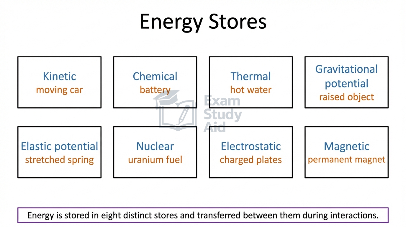Grid of eight labelled energy store boxes: kinetic, chemical, thermal, gravitational potential, elastic, nuclear, electrostatic and magnetic, each with an example.