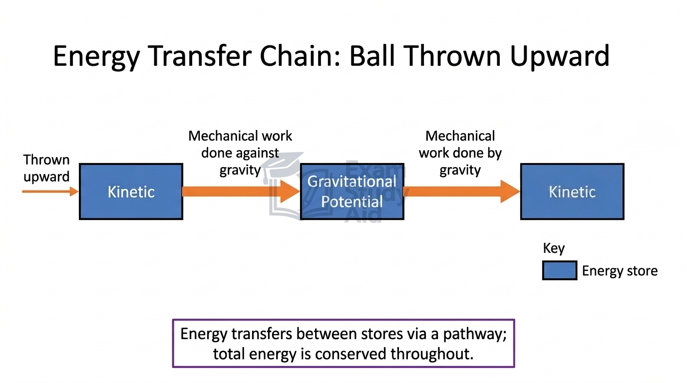 Energy transfer chain for a ball thrown upward: kinetic store to gravitational potential store and back, linked by mechanical work done against and by gravity.