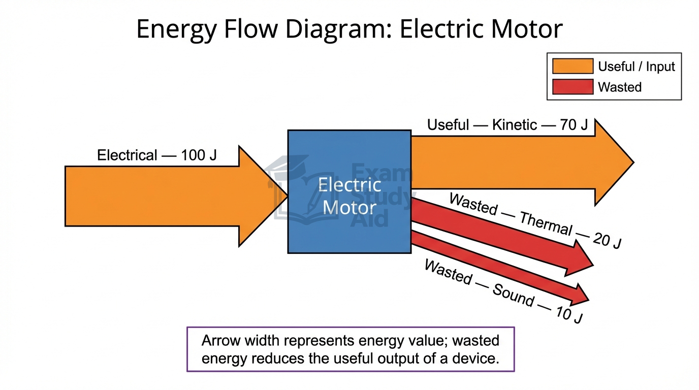 Energy flow diagram for an electric motor: 100 J electrical input giving 70 J useful kinetic output with 20 J thermal and 10 J sound wasted.