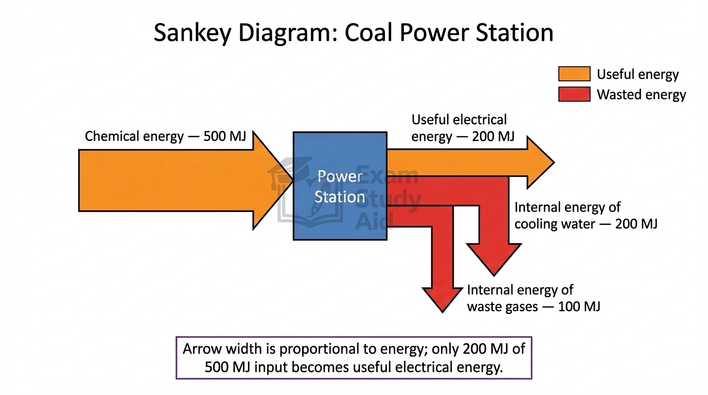 Sankey diagram for a coal power station: 500 MJ chemical input splitting into 200 MJ useful electrical energy and wasted thermal energy, arrow widths to scale.