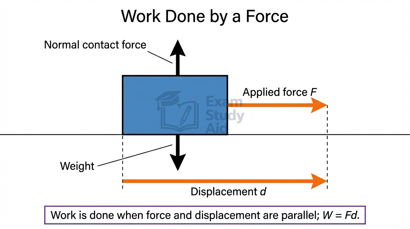 Free-body diagram of a block with weight, normal contact force, applied force F, and displacement d, showing work done when force and motion are parallel.