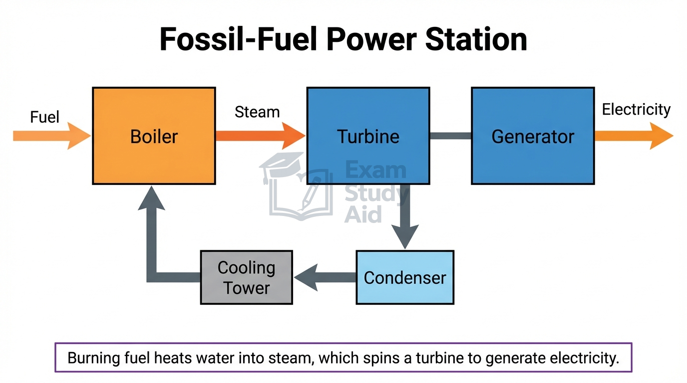 Block-flow diagram of a fossil-fuel power station: fuel burns in a boiler making steam that drives a turbine and generator, with cooling tower and condenser.